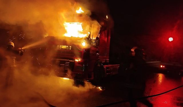 Seyir halindeyken alev alan tır kullanılamaz hale geldi