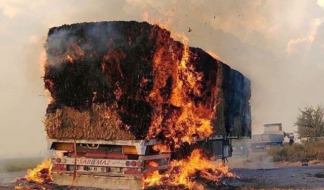 Anız yangını saman yüklü tıra sıçradı