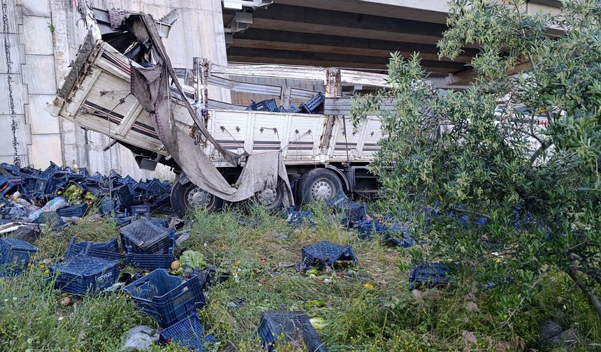 Otomobil ile çarpışan sebze yüklü tır viyadükten aşağı uçtu