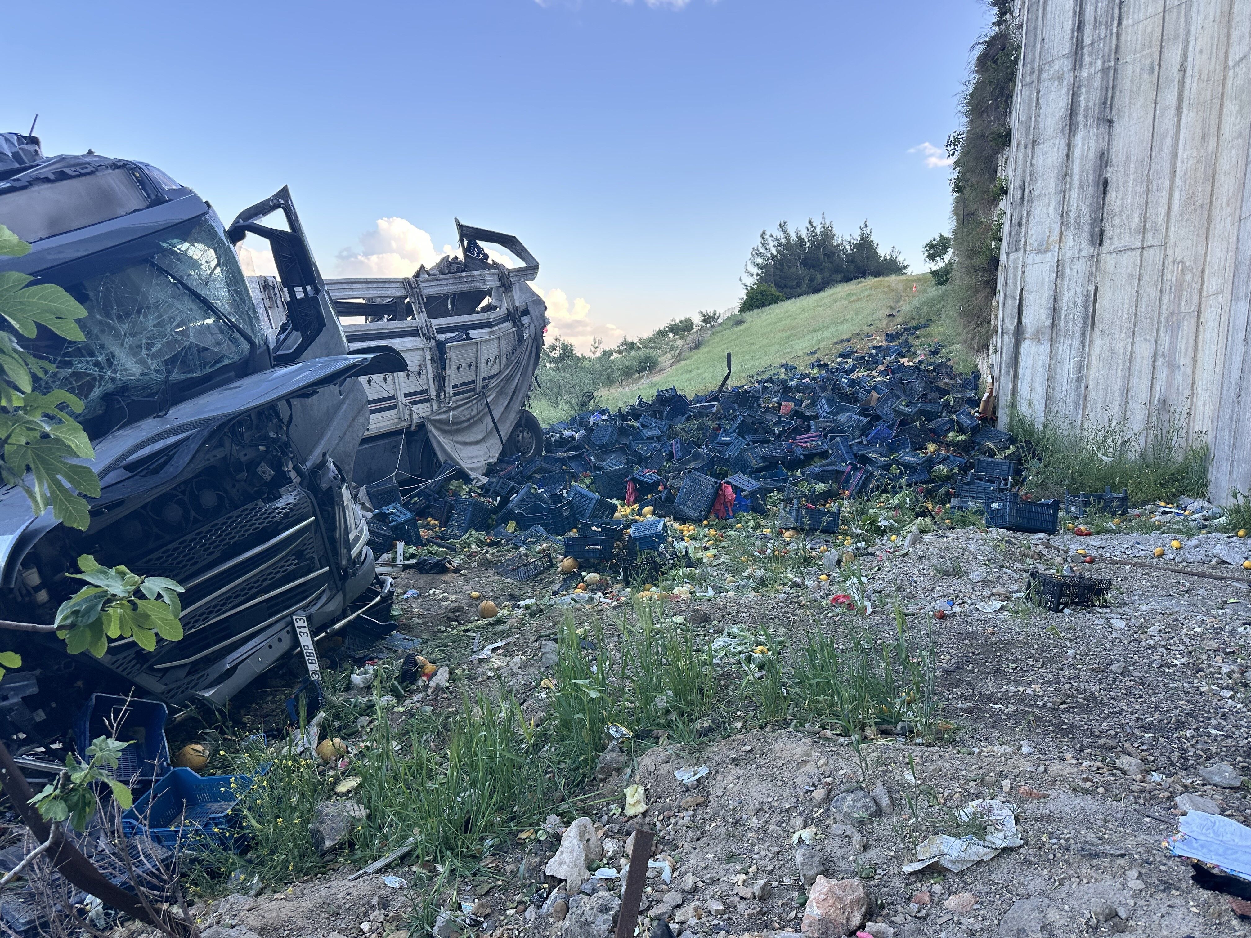 Nurdağı Başpınar Viyadüğü'nde Otomobile Arkadan Çarpan Sebze Yüklü Tır, Yaklaşık 30 Metreden Aşağı Uçtu (3)