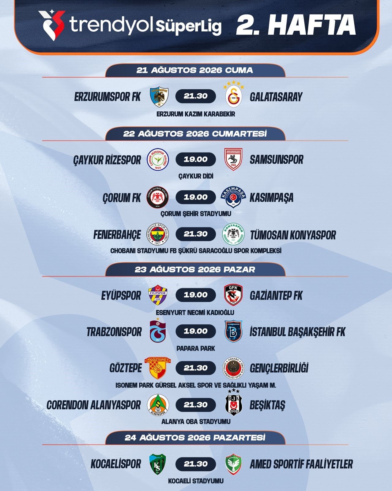 Trendyol Süper Lig'de 2 3. Hafta Maç Takvimi Netleşti (2)